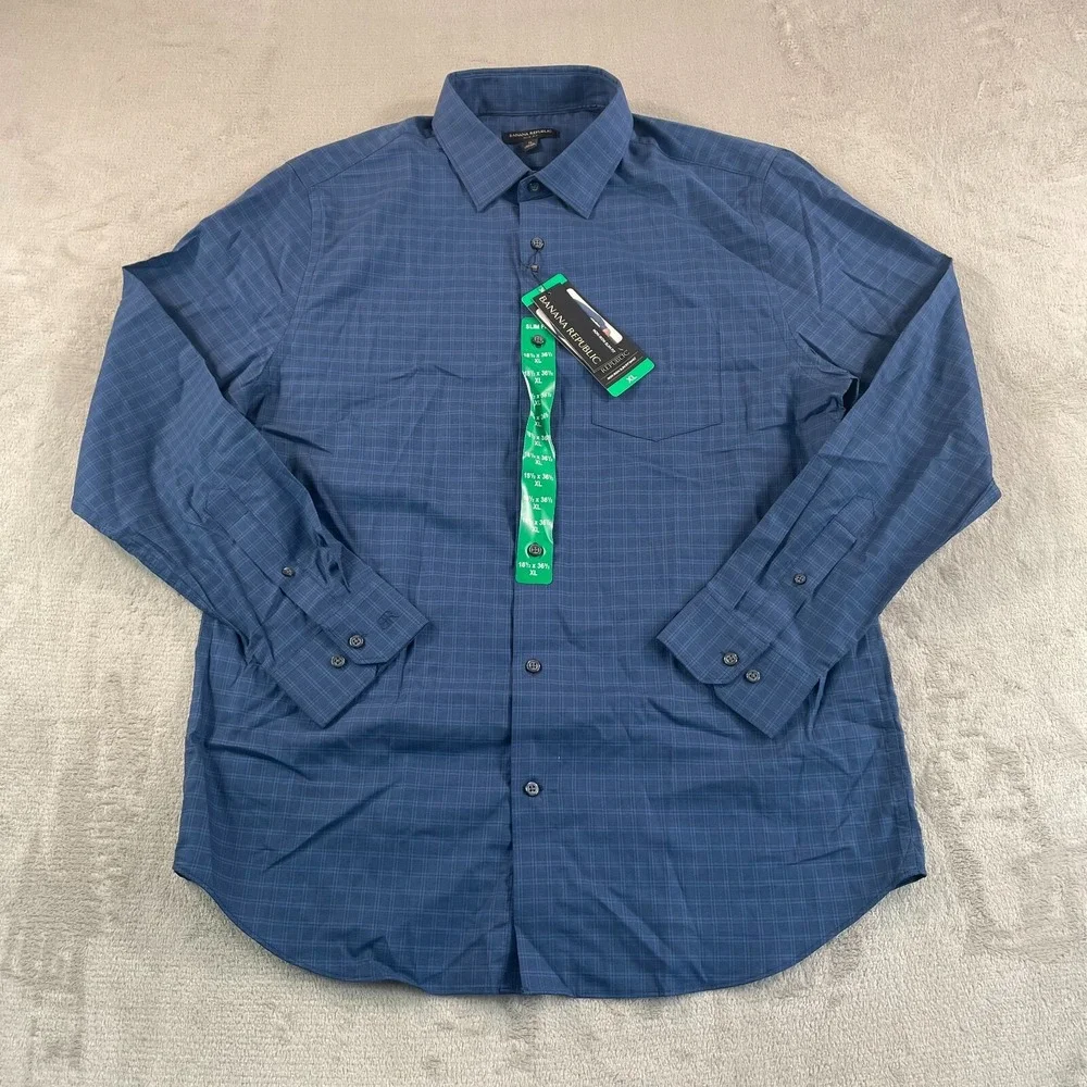 Banana Republic Slim Fit Shirt Men XL 18.5 36.5 Dark‎ Blue Plaid Long Sleeve NWT